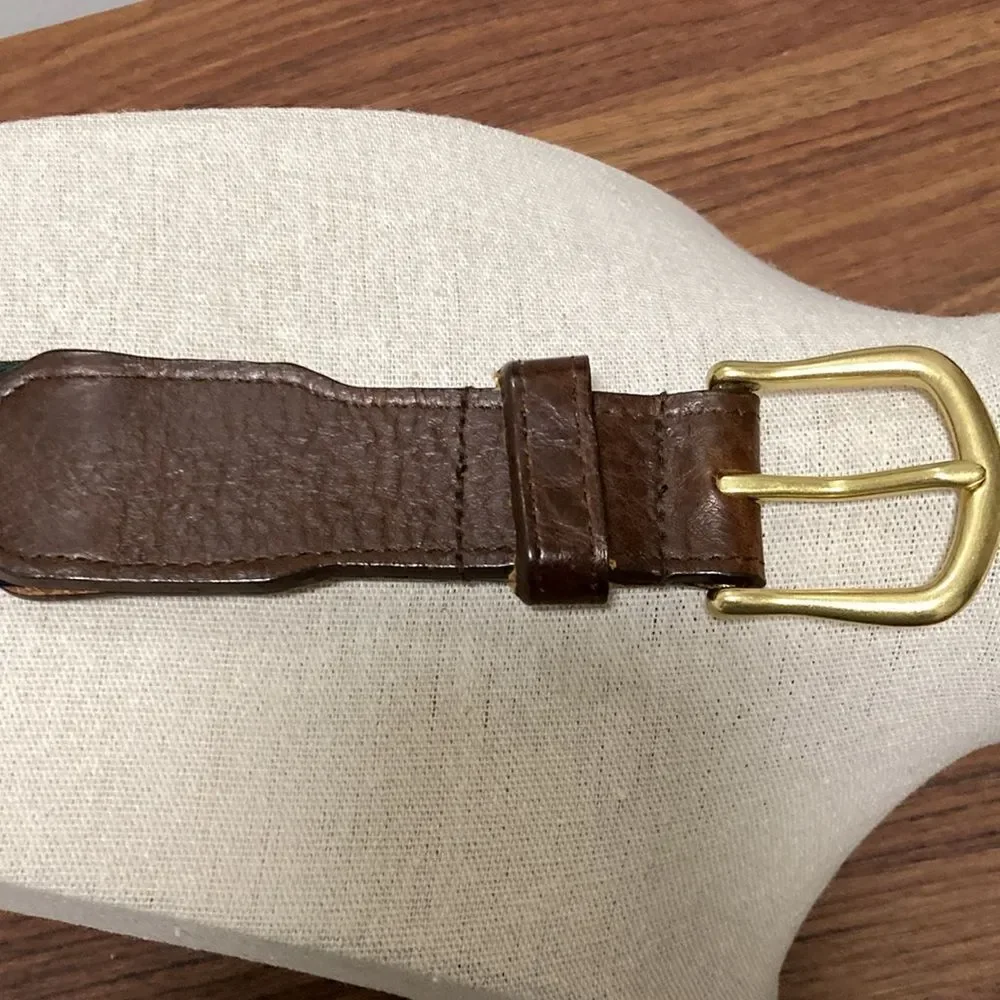 FH Wadsworth Men’s Leather Tab Belt in Blue/Green Tartan Stripe.